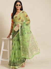 Chhabra 555 Pastel Lime Green Floral Figital Printed Kota Mirror Work Embellished Chanderi Saree