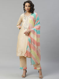 Made to Measure Cream Floral Resham Embroidery Suit With Trouser And Chiffon Pastel Dupatta