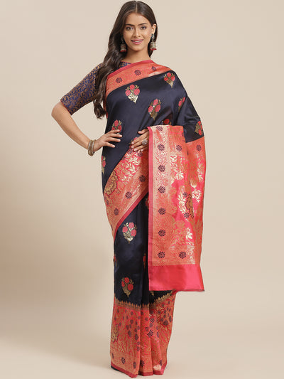 Chhabra 555 Navy Blue Resham & Gold Zari Woven Silk Traditional Saree With Floral & Ethnic Motifs 