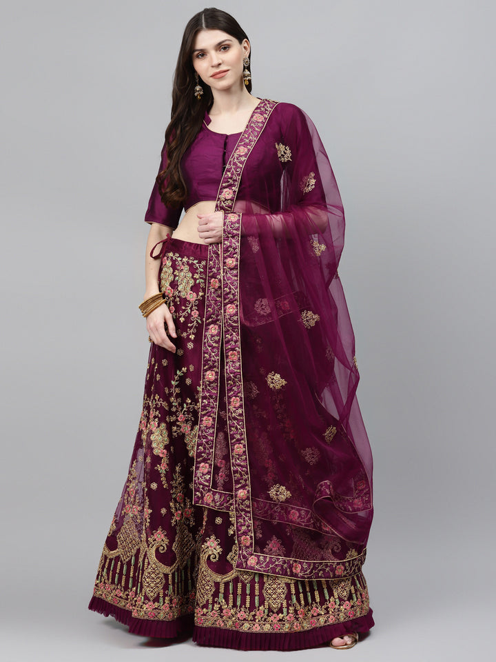 Net Semi-stitched Lehenga Set with Floral  Metallic & Resham Embroidery & Frill Hemline