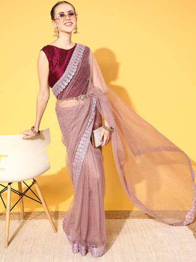 Chhabra 555 Mauve Party Wear Bling Glittery Belted Saree with Chantilly Lace Embellished Border 