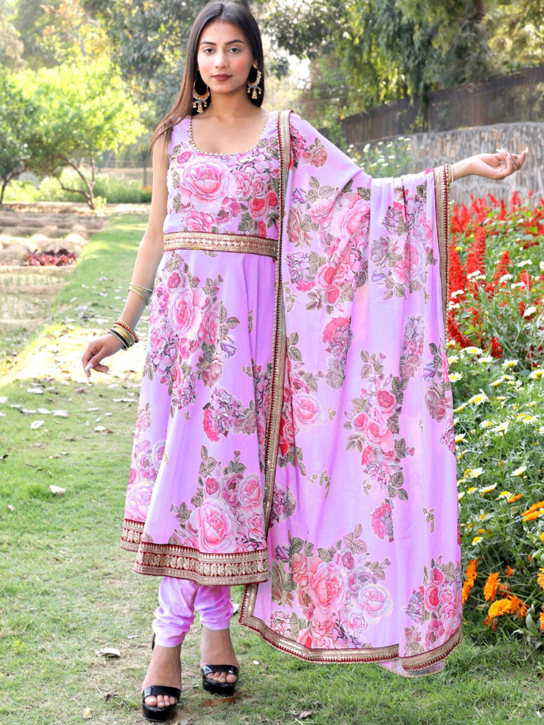 Chhabra 555 Made to Measure Floral Digital Print Georgette Anarkali Suit Set With Sequin Embroidery