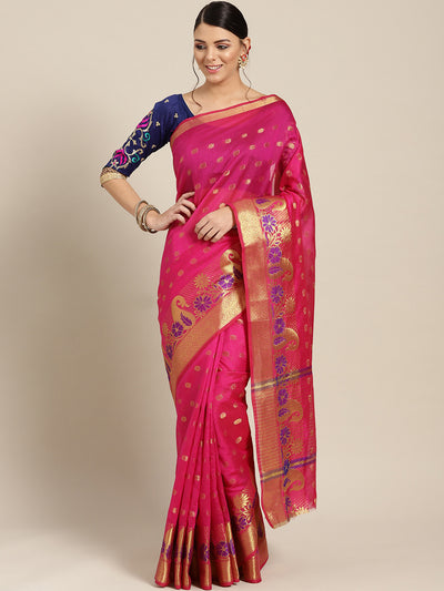 Chhabra 555 Pink Chanderi Silk saree with Zari and Meenakari weaving in a paisley pattern