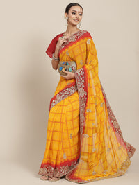 Chhabra 555 Bandhej Chiffon Saree with Zari Embroidered Paisley motifs & Crystal Embellishments