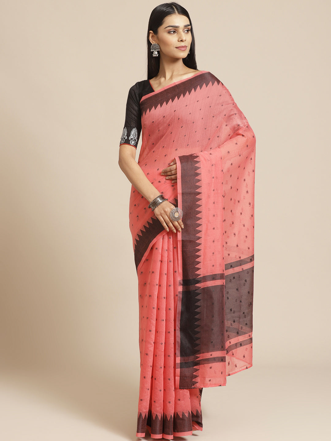 Handloom Chanderi Saree with Temple Style Copper Resham Weaving
