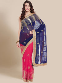 Blue & Pink Embroidered Georgette Saree