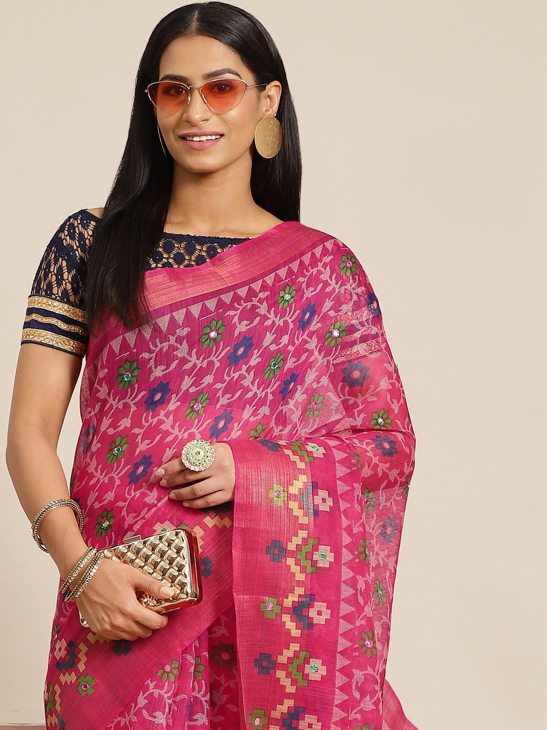 Chhabra 555 Magenta Abstract Geometrical Tribal Printed Chanderi Silk Saree Embellished With Mirror Work