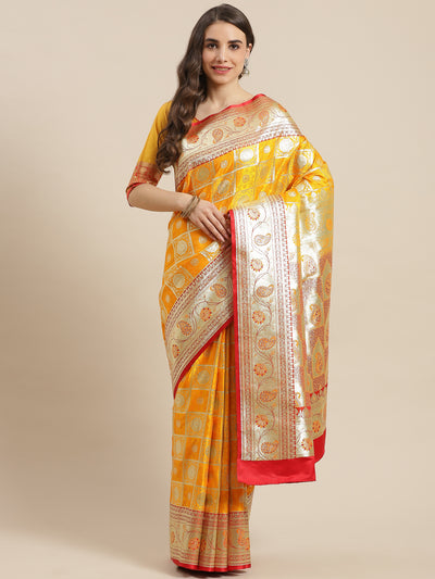 Chhabra 555 Yellow Kanjeevaram Traditional Wedding Silk Saree With Gold Zari, Gharchola Pattern 

Color: Yellow

Type: Kanjeevaram Sarees

Pattern: Woven Design

Pattern Type: Woven Design

Ornamentation: Zari

Border: Woven Design

Fabric: Silk Blend

Saree length: 5.50 mtr., Width: 1.10 mtr, Blouse length: 0.70 mtr
Dry Clean

The CAD image gives a detailed look of the actual blouse piece that comes with this saree. The blouse used by the model in the pictures is only for styling purpose.