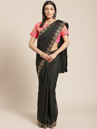 Black Gharchola Saree With Scalloped Kundan Border & Embellished Kasab Blouse
