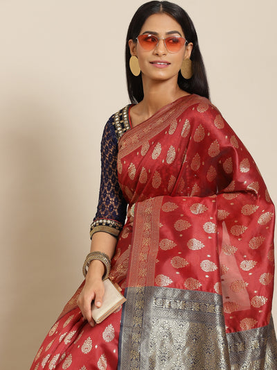 Chhabra 555 Maroon Silk Blend Banarasi Traditional Woven Saree With Ethnic Motifs & Contrast Blue Pallu