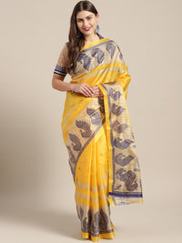 Chhabra 555 Yellow Printed Bhagalpuri Saree with Traditional Patola Peacock patterns