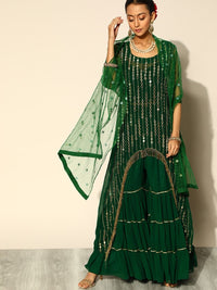 Chhabra 555 Made to Measure Asymmetrical Kurta Sharara Set with Mirror Embroidery and Tassels