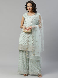 Pastel Mint Green Gota Patti Embroidered Kurta Pallazo Set with Net Scalloped Dupatta