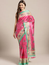 Pink Turquoise Printed Bhagalpuri Saree with Bright animal and geometric motifs