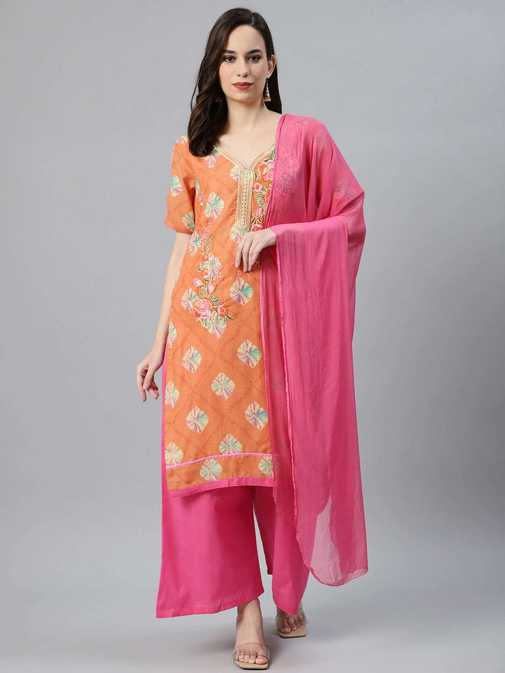 Orange & Pink Cotton Stitched Resham Embroidered Suit with Batik Print & Styled Sleeves