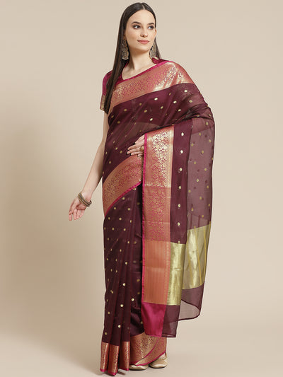 Chhabra 555 Burgundy Traditional Maheshwari Silk Banarasi Saree with Gold Zari woven Border 

Color: Burgundy

Type: Maheshwari Sarees

Pattern: Woven Design

Pattern Type: Woven Design

Ornamentation: Zari

Border: Woven Design

Fabric: Silk Cotton

Saree length: 5.60 mtr., Width: 1.10 mtr, Blouse length: 0.85 mtr
Dry Clean only

The CAD image gives a detailed look of the actual blouse piece that comes with this saree. The blouse used by the model in the pictures is only for styling purpose.