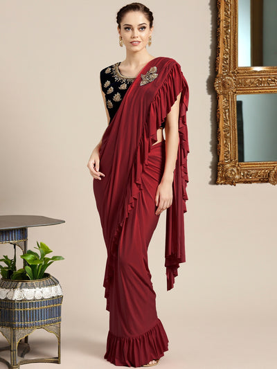 Chhabra 555 Draped Ruffled Pre-stitched Saree with Embellished Crystal-studded Crop Top Blouse