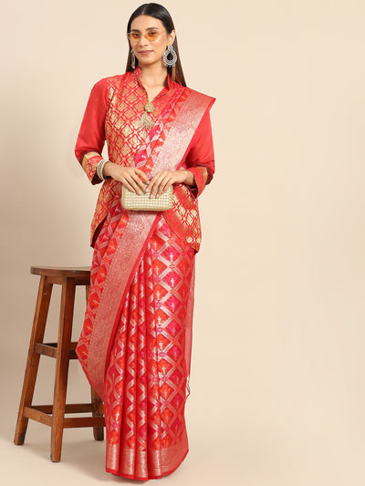 Chhabra 555 Red Resham & Gold Zari Geometrical Woven Organza Silk Traditional Saree with Tassels 