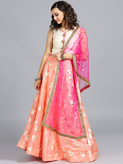 Chhabra 555 Off White & Orange Embellished Foil Printed Tissue-fabric Stitched Lehenga Choli With Heavy Net Dupatta