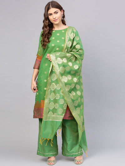 Chhabra 555 Green Banarasi Handloom Dress Material with Zari Resham Weaving and Tassled dupatta