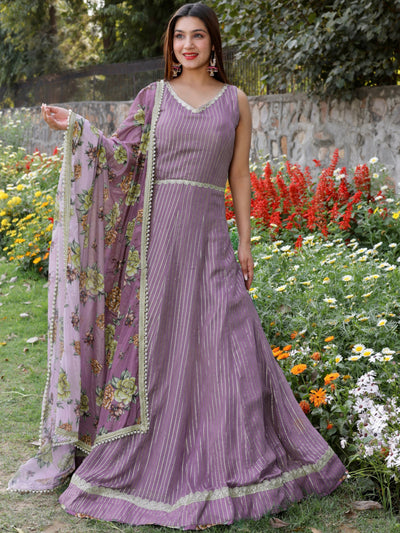 Chhabra 555 Mauve Stripes Gota Patti Embellish Flared Woven Gown & Embroidery Digital Print Dupatta