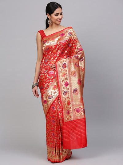 Chhabra 555 Red Banarasi Silk Handloom, Hand Woven,Floral, Motifs Banarasi Zari Weav Border Saree  