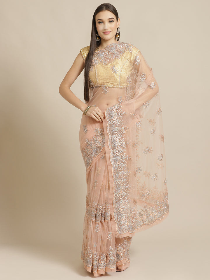Peach Frills & Pleats Net Saree with Heavy Silver Zari & Resham Embroidery