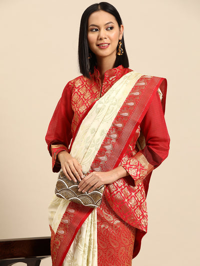 Chhabra 555 Off-White Paisley Motifs Zari Hand Woven Traditional Bengali Style Saree & Red Border