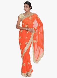 Orange Georgette Embroidered Party Wear Saree