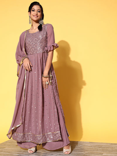 Chhabra 555 Mauve Mirror Work Embellished High Slit Nyraa Suit with Palazzo & Ruffled Sleeves  