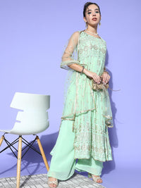 Chhabra 555 Pastel Green Sequence & Resham Embroidered Georgette Kurta Palazzo Set with Gold Laces 