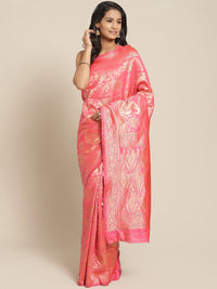 Banarasi Handloom Saree with Gold Zari Oxidised Weaving and Floral Ethnic Pattern