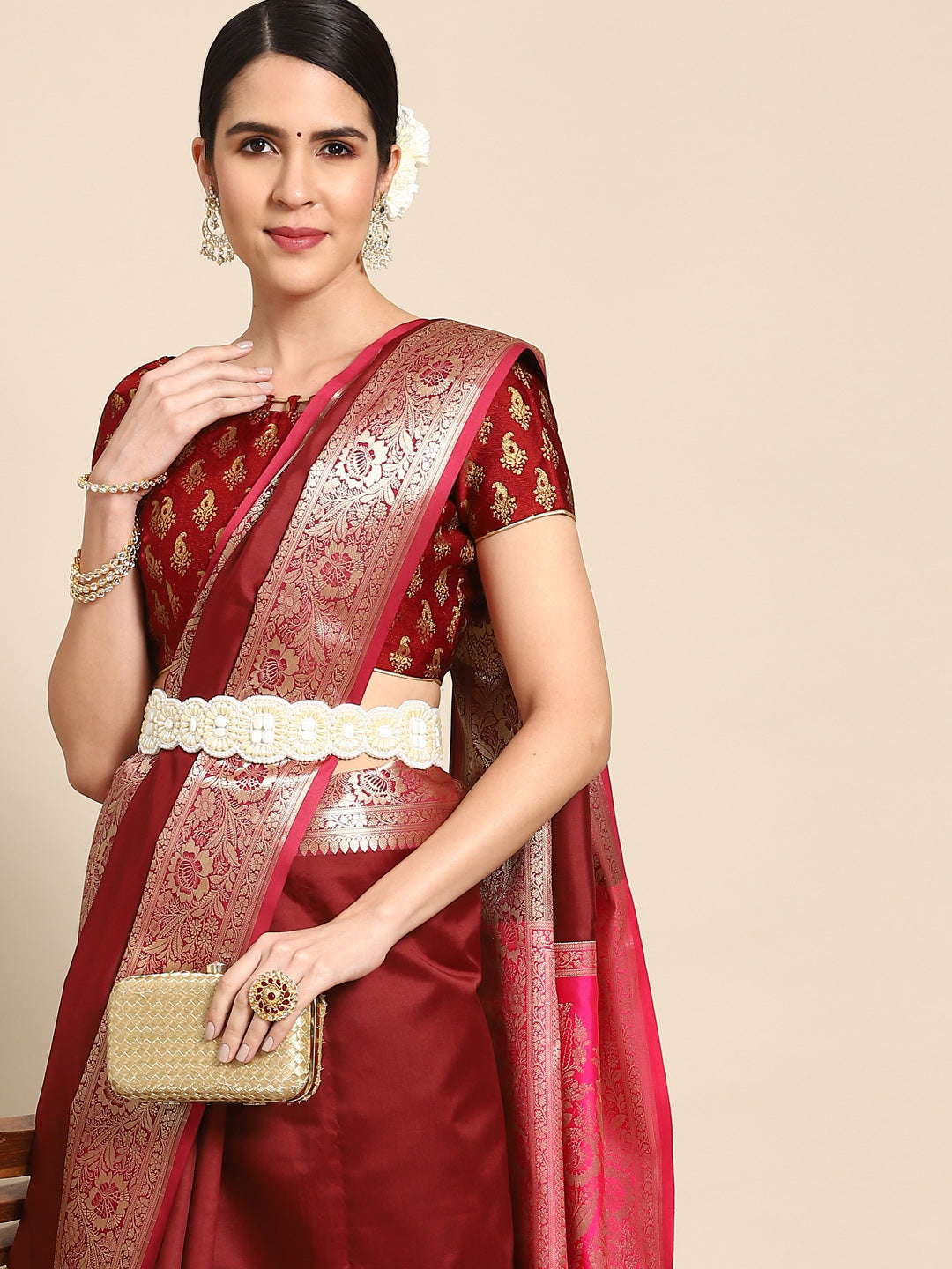 Chhabra 555 Maroon Kanjeevaram Oxidised Zari Silk Saree With Contrast Rich Pallu, Border 