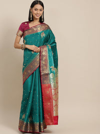 Chhabra 555 Teal Kanjeevaram Zari & Resham Embroidered Saree with Peacock & Floral intricate Motifs 