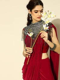 Red Ruffled Pre-Draped Saree with Tribal Embellished Necklace with Tassles