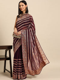 Chhabra 555 Burgundy Gold Aari Thread Embroidery d & Swarovski Embellished Party Wear Organza Saree
