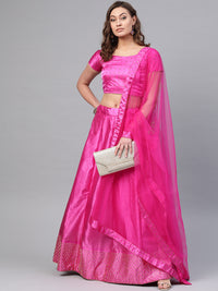 Chhabra 555 Pink Satin Silk Semi-stitched Lehenga set with Intricate crystal embroidery in floral motifs