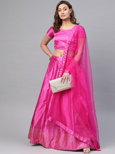 Chhabra 555 Pink Satin Silk Semi-stitched Lehenga set with Intricate crystal embroidery in floral motifs