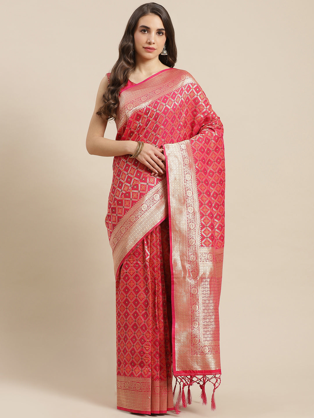 Chhabra 555 Magenta Silk Meenakari Banarasi Saree Embellished With Resham Weaving

Color: Magenta

Type: Banarasi Sarees

Pattern: Embroidered

Pattern Type: Woven Design

Ornamentation: Zari

Border: Woven Design

Fabric: Art Silk

Saree length: 5.50 mtr., Width: 1.10 mtr, Blouse length: 0.70 mtr
Dry Clean

The CAD image gives a detailed look of the actual blouse piece that comes with this saree. The blouse used by the model in the pictures is only for styling purpose.