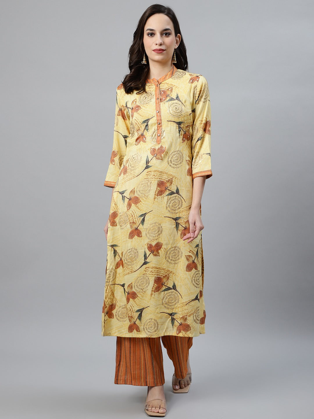 Made to Measure Cut Dana Embroidered Kurta Set With Gold Paint & Striped Pallazos