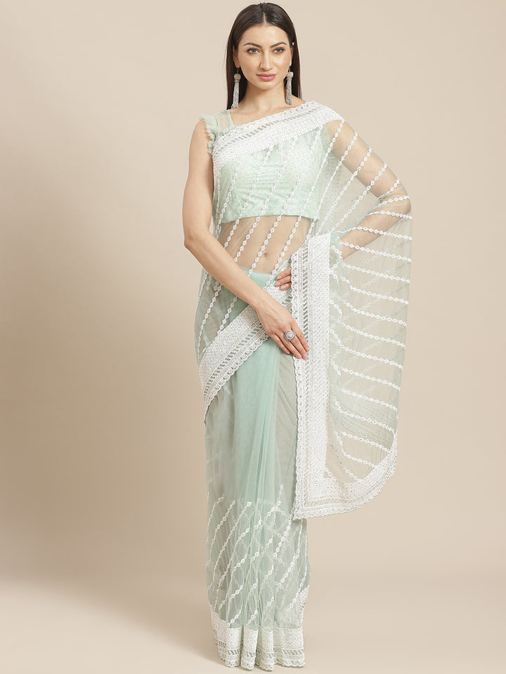 Net Scalloped Cocktail Saree with Resham White Embroidery and Crystal embellishments