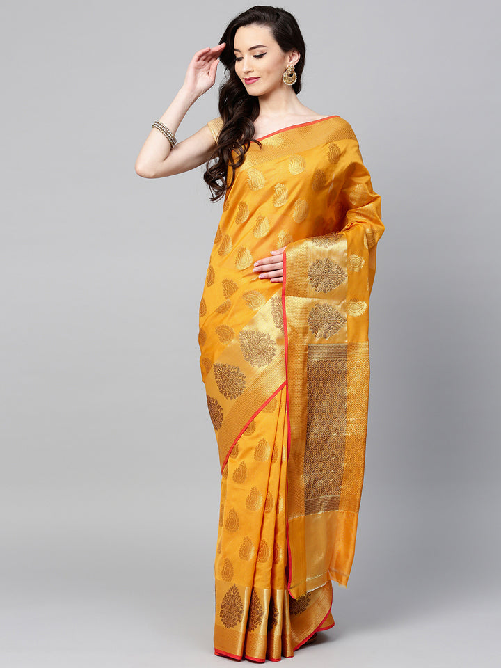 Chhabra 555 Yellow Chanderi Silk Handloom, Hand Woven, Floral Motifs Banarasi Zari Woven Border Saree