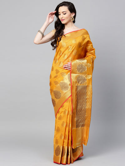 Chhabra 555 Yellow Chanderi Silk Handloom, Hand Woven, Floral Motifs Banarasi Zari Woven Border Saree