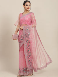 Chhabra 555 Pastel Pink Sequin Embellished Resham Embroidered Festive Saree with Peacock Motifs