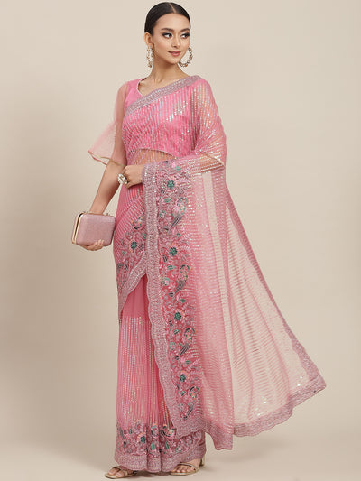 Chhabra 555 Pastel Pink Sequin Embellished Resham Embroidered Festive Saree with Peacock Motifs
