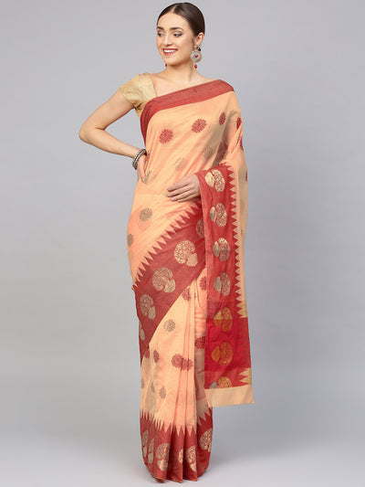 Chhabra 555 Beige Chanderi Banarasi saree with Contrast Red border and Floral ethnic motifs