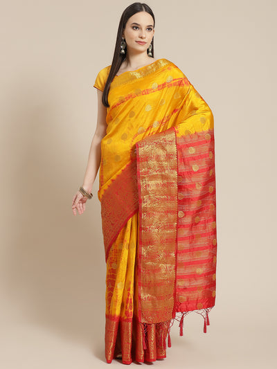 Chhabra 555 Mustard & Red Bandhani Dyed saree with Zari Brocade Weaving border

Color: Mustard & Red

Type: Banarasi Sarees

Pattern: Woven Design

Pattern Type: Tie and Dye

Ornamentation: Zari

Border: Woven Design

Fabric: Art Silk

Saree length: 5.30 mtr., Width: 1.10 mtr, Blouse length: 0.80 mtr
Dry Clean only

The CAD image gives a detailed look of the actual blouse piece that comes with this saree. The blouse used by the model in the pictures is only for styling purpose.