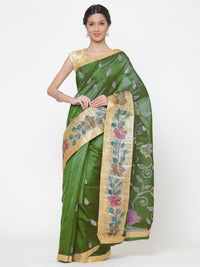Chhabra 555 Chanderi green Cotton Silk saree with multicolor Resham and zari embroidery to make beautiful tulip floral motifs
