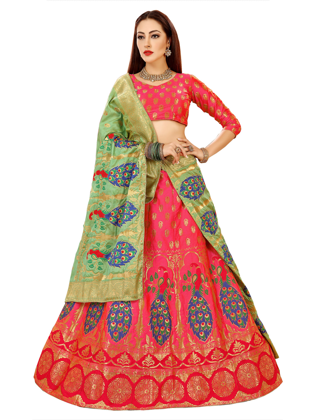 Magenta & Green Peacock Design Embroidered Banarasi Silk Lehenga Choli & Dupatta