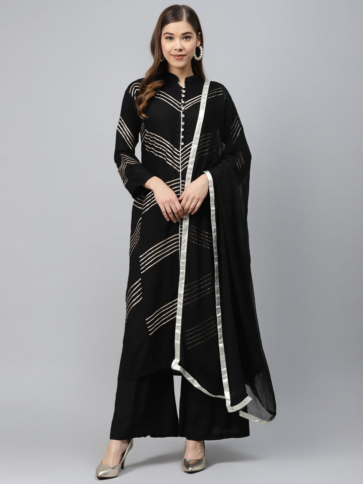Made to Measure Black Kurta Pallazo Set with Gotta Patti Embroidery & Chiffon Dupatta